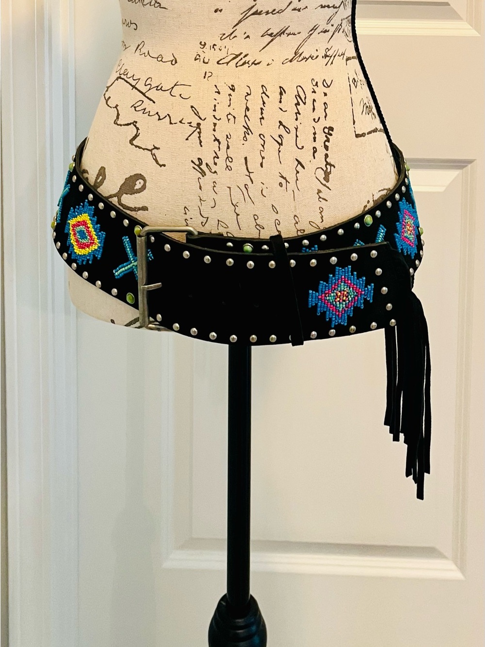 RARE 1988 Tasha Polizzi XL Beaded Suede Fringe Western Belt